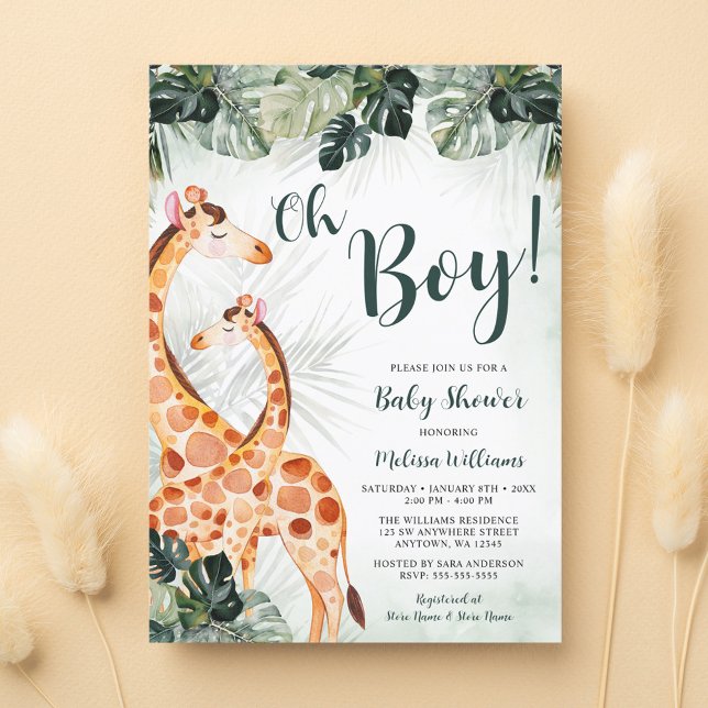 Tropical Greenery Giraffe Oh Boy Baby Shower Einladung (Von Creator hochgeladen)