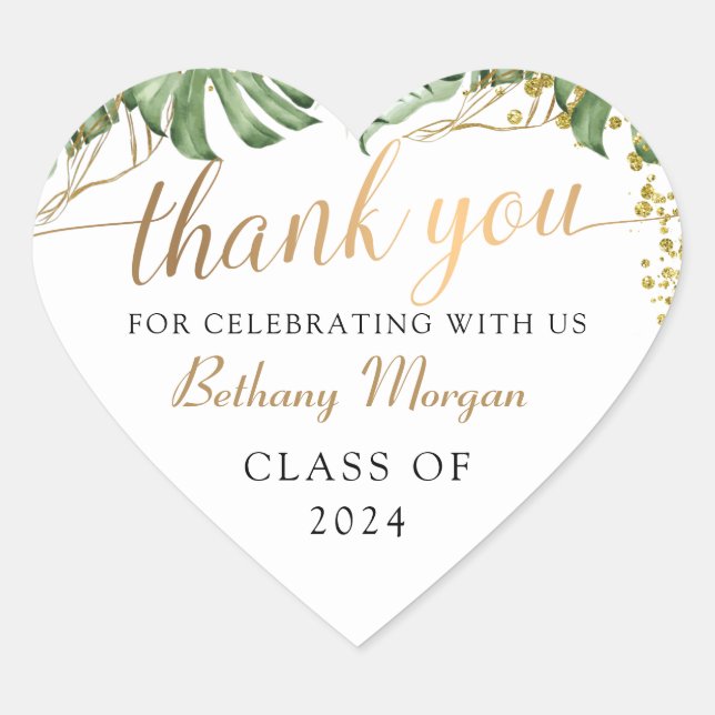 Tropical Greenery Gold Abschluss Vielen Dank Herz-Aufkleber (Vorderseite)
