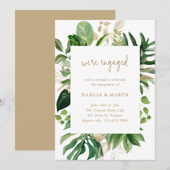 Tropical Greenery Gold Geometric Engagement Party Einladung (Vorne/Hinten)