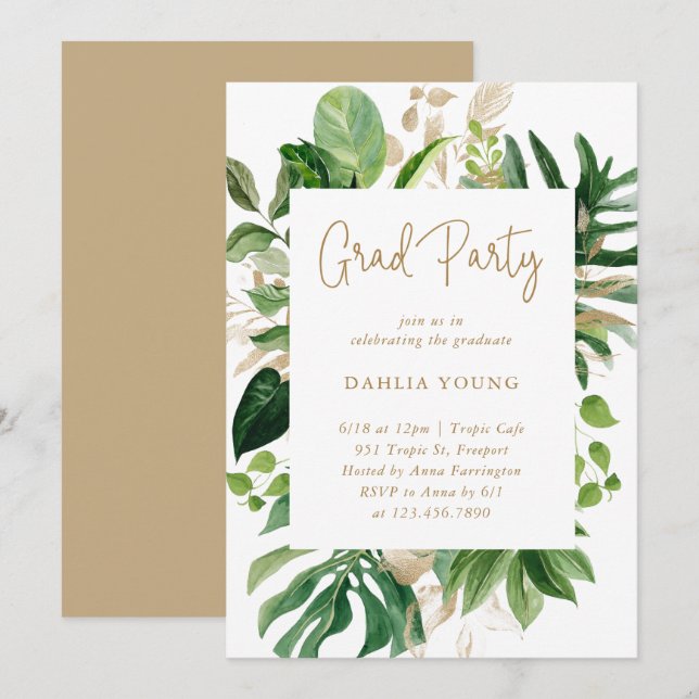 Tropical Greenery Gold Geometric Graduation Party Einladung (Vorne/Hinten)