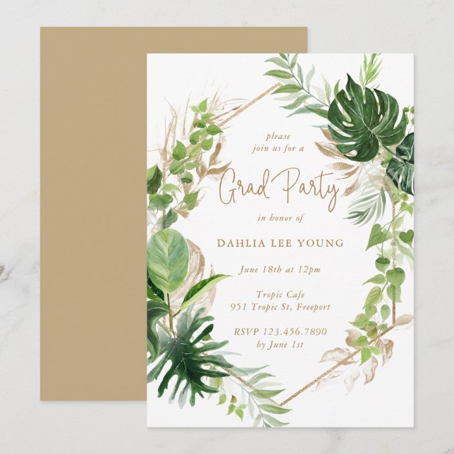 Tropical Greenery Gold Geometric Graduation Party Einladung (Vorne/Hinten)