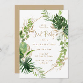 Tropical Greenery Gold Geometric Graduation Party Einladung