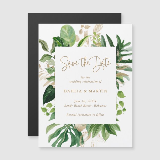 Tropical Greenery Gold Modern Save the Date Magneteinladung (Vorne/Hinten)