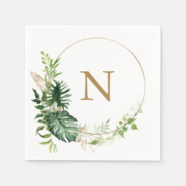 Tropical Greenery Gold Monogram Wedding Serviette (Vorderseite)