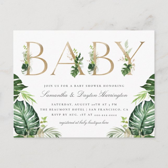 Tropical Greenery Gold Typografy Baby Shower Einladungspostkarte (Vorderseite)