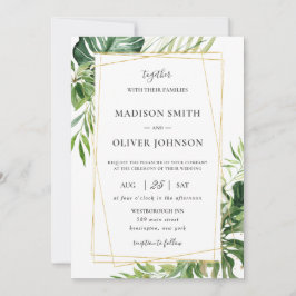 Tropical Greenery Leafy Gold Geometric Wedding Einladung