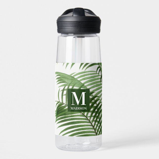 Tropical Greenery Palm Tree Mit Monogramm Trinkflasche (Vorne)