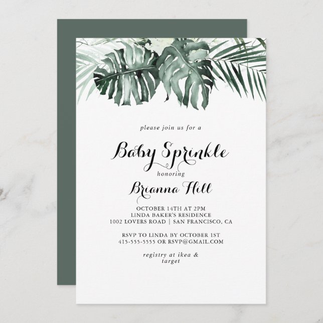 Tropical Greenery White Floral Baby Sprinkle Einladung (Vorne/Hinten)