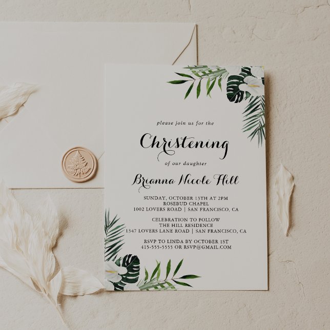 Tropical Greenery White Floral Christening Einladung (Von Creator hochgeladen)