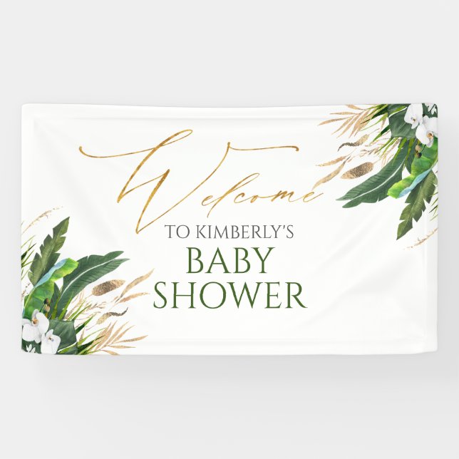 Tropical Greenery White Orchid Baby Dusche Empfang Banner (Horizontal)