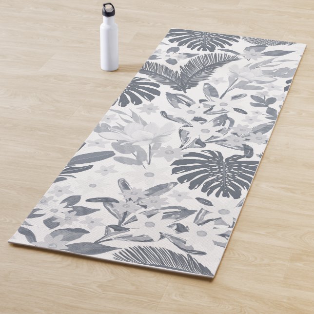 Tropical Grey Foliage Floral White Pattern Yogamatte (Beispiel)