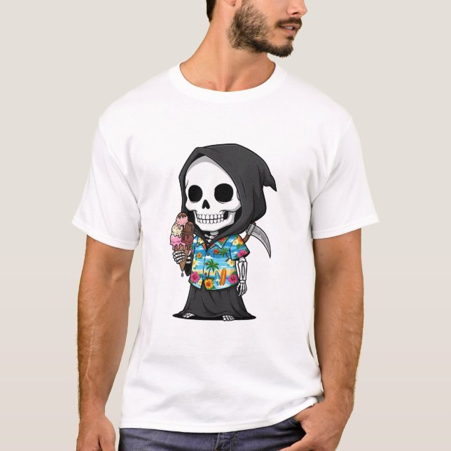 Tropical Grim Treats – Playful Skeleton Cartoon T-Shirt (Vorderseite)
