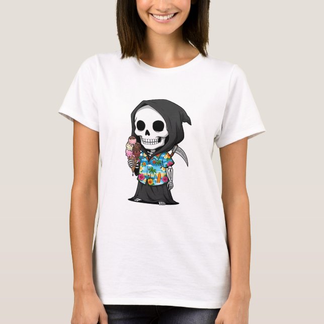 Tropical Grim Treats – Playful Skeleton Cartoon T-Shirt (Vorderseite)