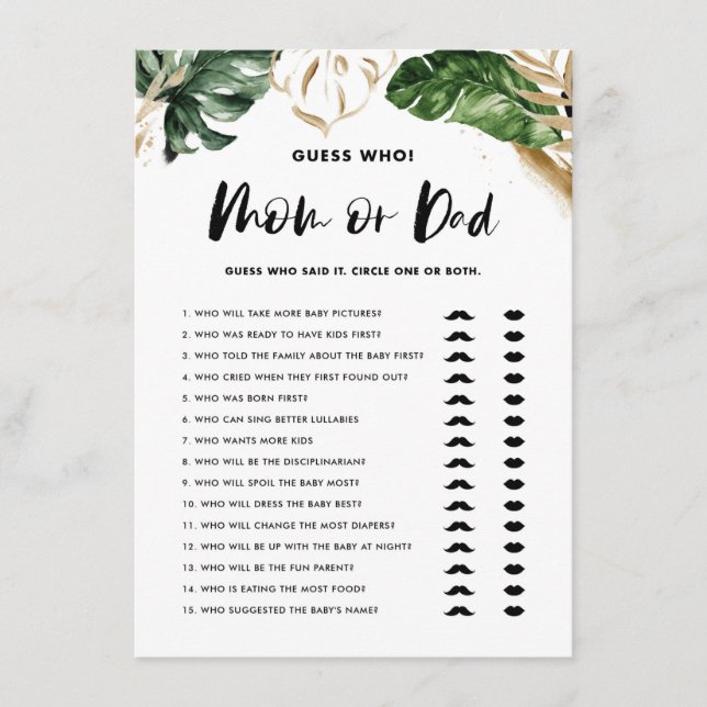 Tropical Guess Who Mama oder Vater Baby Showspiel Begleitkarte (Vorderseite)