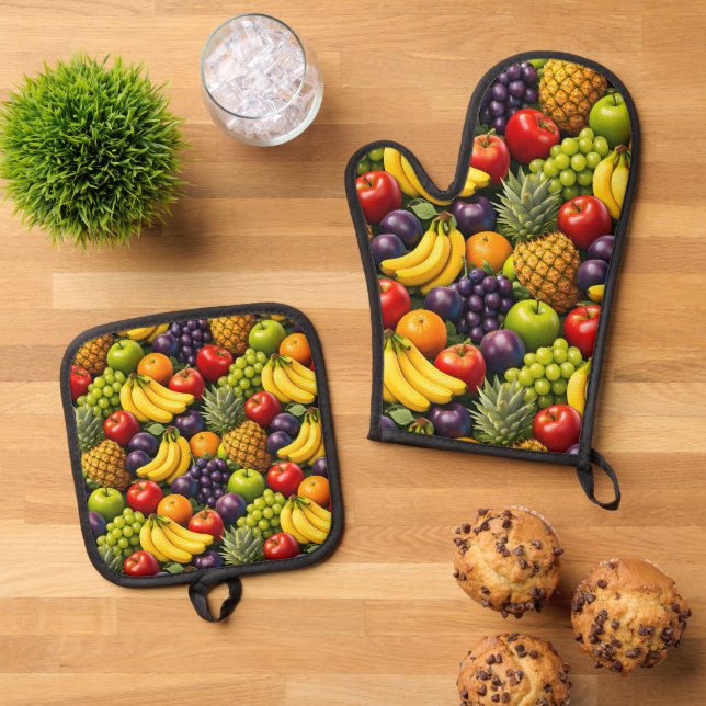 Tropical harvest, vibrant fruit pattern, oven mint ofenhandschuh & Topflappen-Set (Oben Unten)