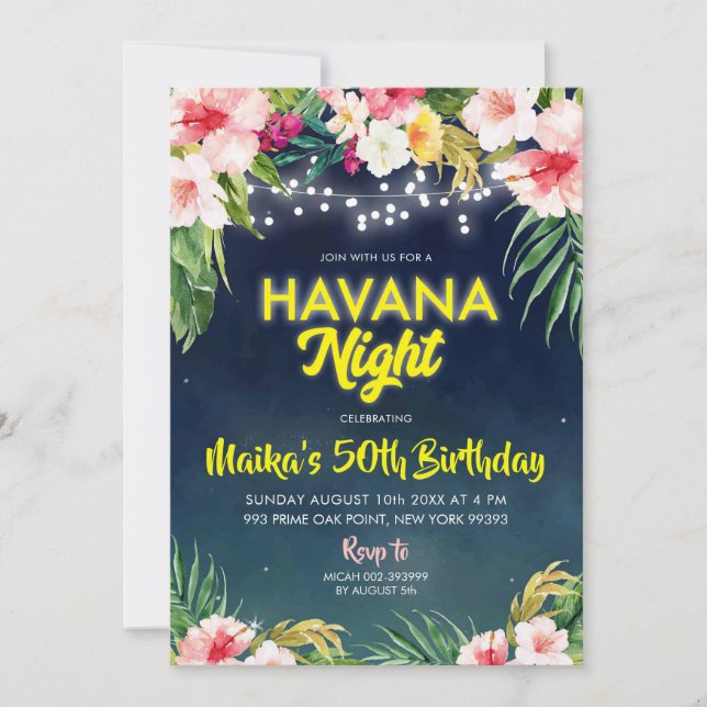 Tropical Havana Night Birthday Party Einladung (Vorderseite)