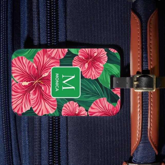 Tropical Hawaii Hibiskus Palm Blätter Monogram Gepäckanhänger (Vorderseite Insitu 4)