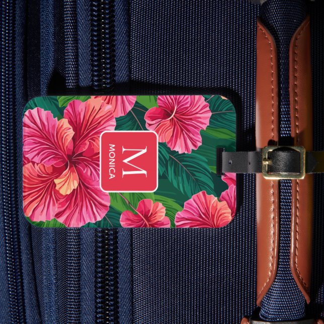 Tropical Hawaii Hibiskus Palm Blätter Red Monogram Gepäckanhänger (Vorderseite Insitu 4)