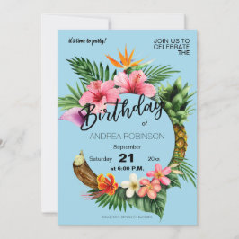 Tropical Hawaiian Floral Birthday Party Light Blue Einladung