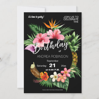 Tropical Hawaiian Floral Geburtstagsparty - Black Einladung