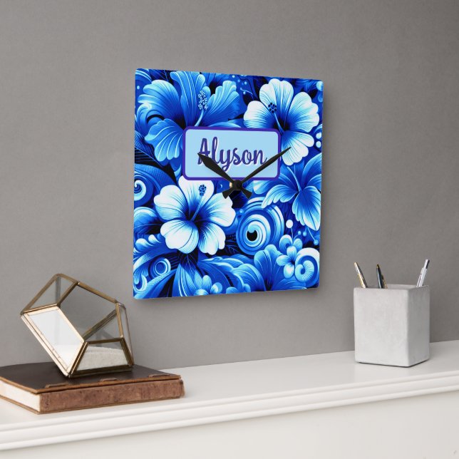 Tropical Hawaiian Flowers Hibiscus Personalized Quadratische Wanduhr (Büro)