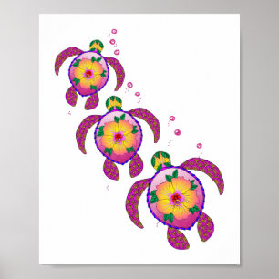 Tropical Hawaiian Honu Turtles Poster