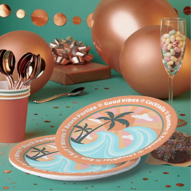 Tropical Hawaiian Island Palm Trees Good Vibes Pappteller (Multi)