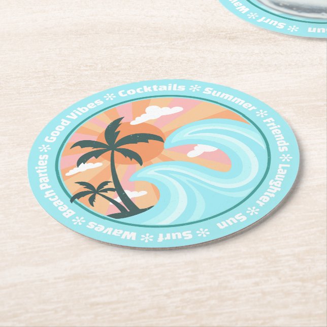 Tropical Hawaiian Island Palm Trees Good Vibes Runder Pappuntersetzer (Angewinkelt)