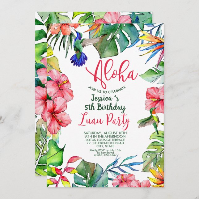 Tropical Hawaiian Luau Floral Birthday Einladung (Vorne/Hinten)