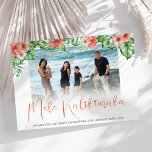 Tropical Hawaiian Mele Kalikimaka Holiday Feiertagskarte<br><div class="desc">Wünschen Sie Ihren Freunden und Ihrer Familie ein frohes Weihnachtsfest mit diesen modernen,  schmelzen kalikimaka Foto Weihnachtskarten. Mit einem weißen Hintergrund,  Drehbuch,  die "MELE KALIKIMAKA",  Ihr Lieblings-Foto,  umgeben von tropischen Blume,  Palmen-Blätter und personalisiert mit einer Grußbotschaft Ihren Familiennamen und das Jahr.</div>