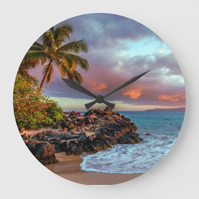 Tropical Hawaiian Palm Tree Sandy Beach Paradise Große Wanduhr (Vorderseite)