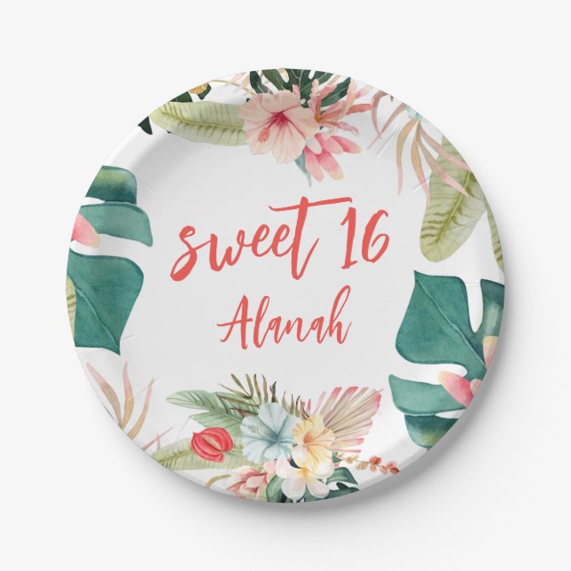 Tropical Hawaiian Sweet 16 Birthday Paper Plate Pappteller (Vorderseite)
