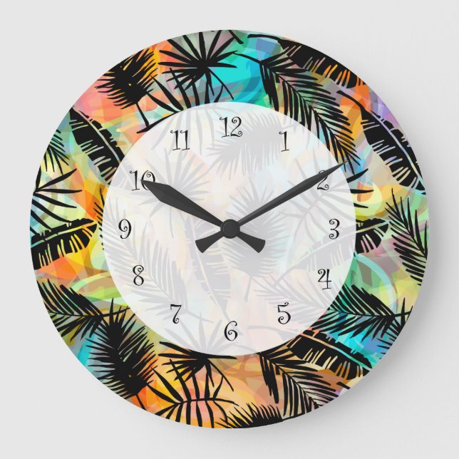Tropical Hawaiian Theme Palm Blätter Moderne Große Wanduhr (Vorderseite)