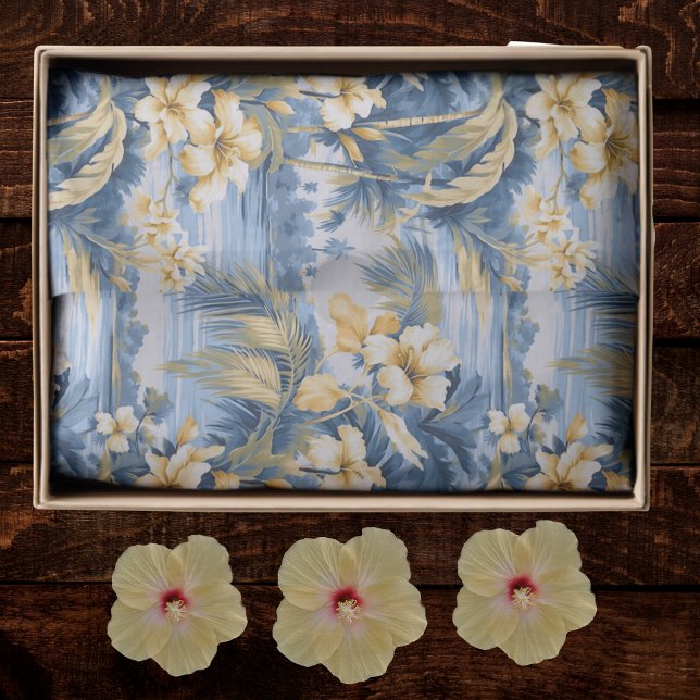 Tropical Hawaiin Yellow Hibiscus Flowers on Blue  Seidenpapier (Von Creator hochgeladen)