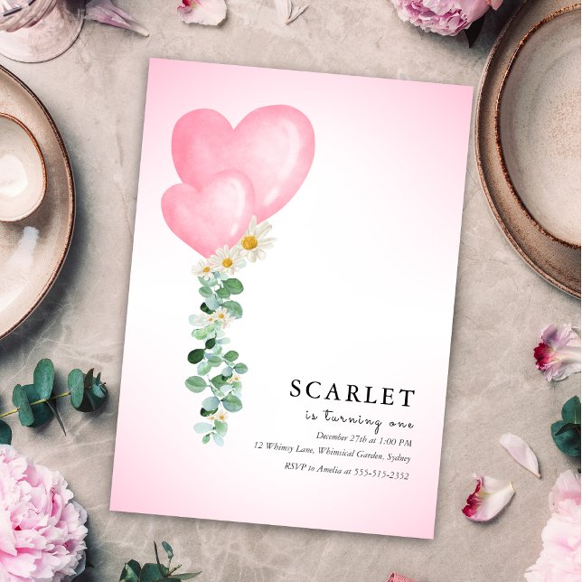 Tropical hearts balloons simple first birthday   einladung (Von Creator hochgeladen)