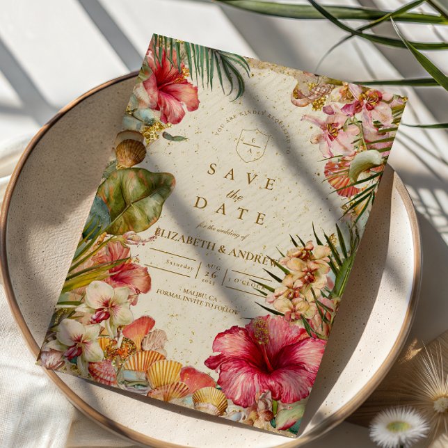 Tropical Hibiscus Botanical Wedding Save The Date (Von Creator hochgeladen)