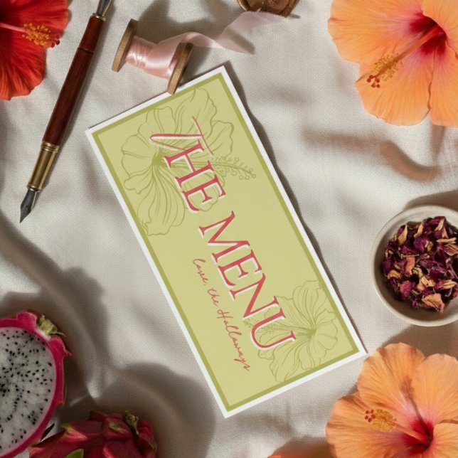 Tropical Hibiscus Chartreuse Vibrant Wedding Menükarte (Elevate your reception table with this Tropical Hibiscus Chartreuse Vibrant Wedding Menu!)