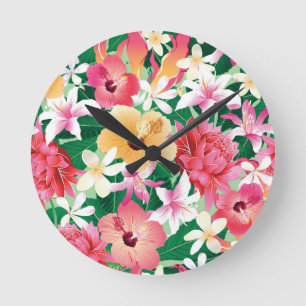 Tropical Hibiscus Floral Pattern Runde Wanduhr