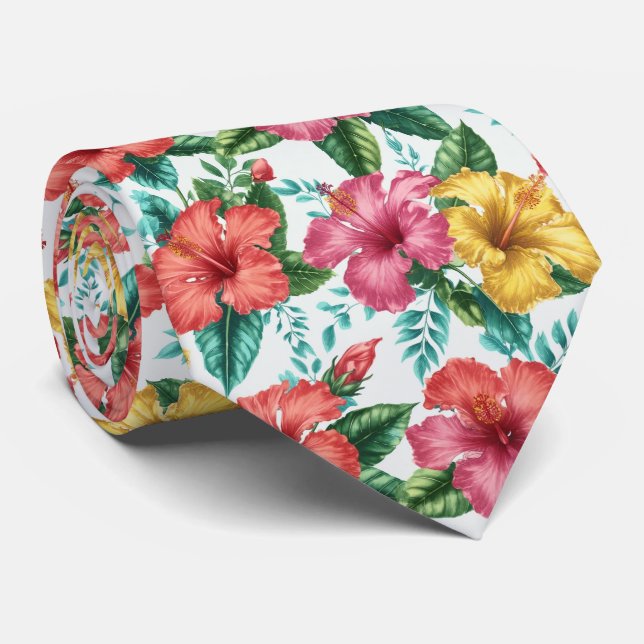 Tropical Hibiscus Garden Floral Pattern Krawatte (Gerollt)