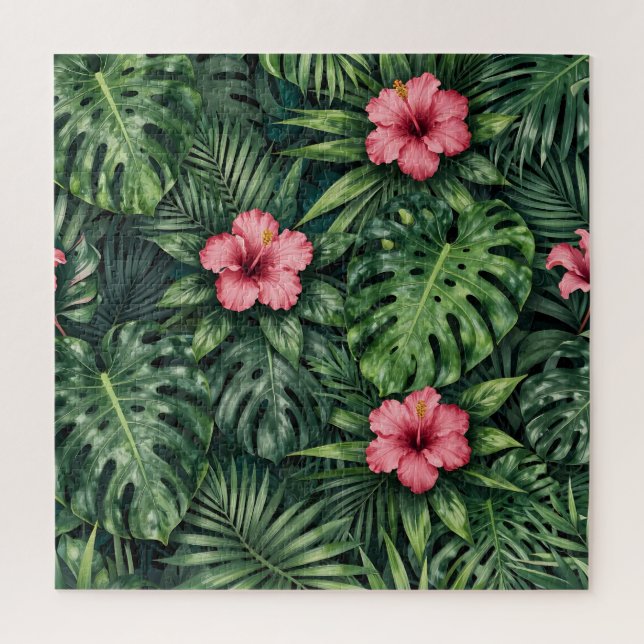Tropical Hibiscus Monstera Jungle Pattern Puzzle (Vertikal)