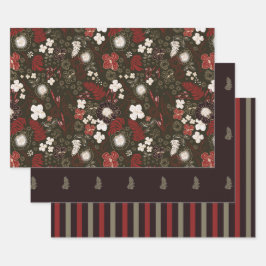 Tropical Hibiscus, Palm, Stripe Red Sage Christmas Geschenkpapier Set