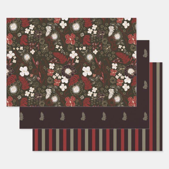 Tropical Hibiscus, Palm, Stripe Red Sage Christmas Geschenkpapier Set (Set)