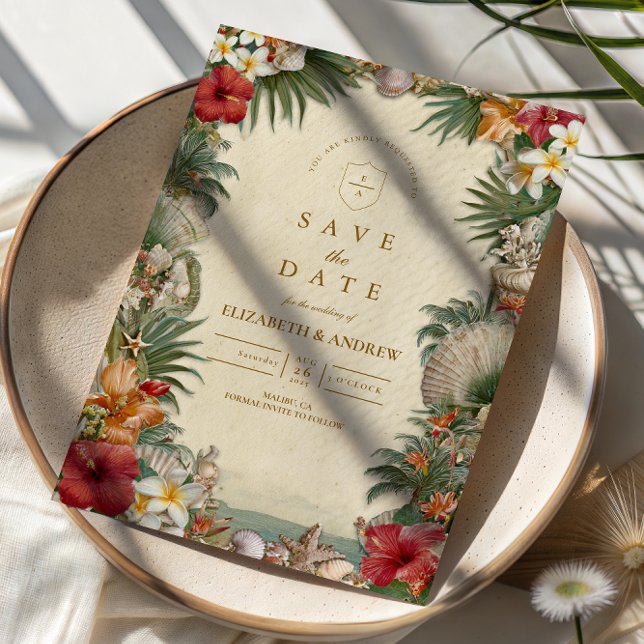 Tropical Hibiscus Seashell Wedding Save The Date (Von Creator hochgeladen)