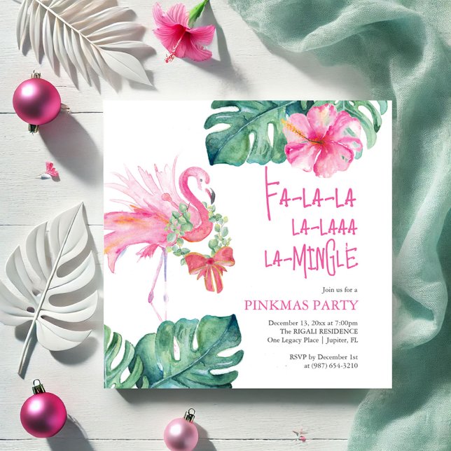 Tropical Holiday Party Watercolor Flamingo Einladung (Tropical pink flamingo Christmas invitation watercolor art by Victoria Grigaliunas Do Tell A Belle)