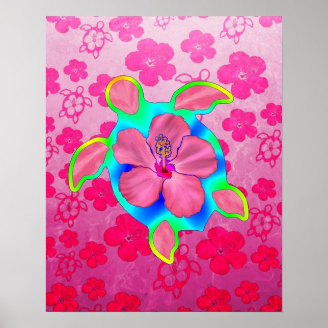 Tropical Honu Turtle und Hibiskus Poster (Vorne)