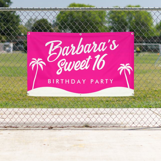Tropical Hot Pink White Palm Tree Script Sweet 16 Banner (Insitu)