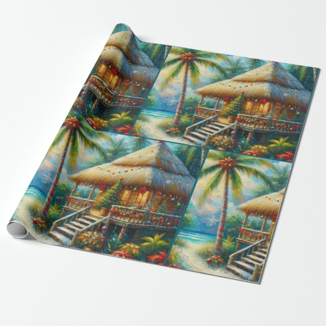 Tropical Hut Christmas Palm Tree Beach Decoupage Geschenkpapier (Ungerollt)