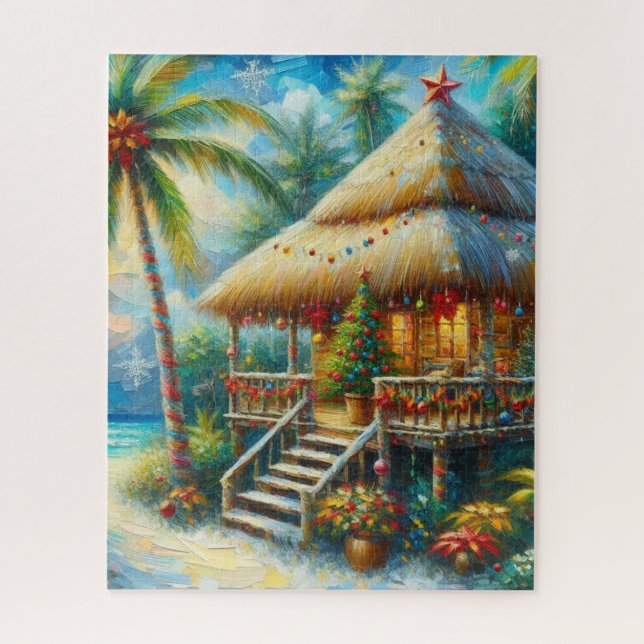 Tropical Hut Weihnachts Palm Tree Beach Lights Puzzle (Vertikal)