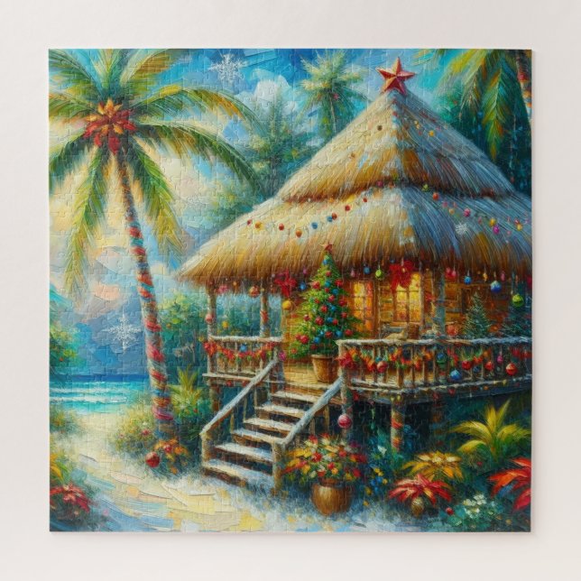 Tropical Hut Weihnachts Palm Tree Beach Lights Puzzle (Vertikal)