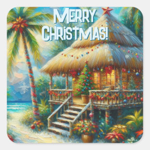 Tropical Hut Weihnachts Palm Tree Beach Lights Quadratischer Aufkleber